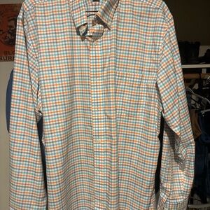 Lands' End Men's Blue and Orange Plaid Shirt